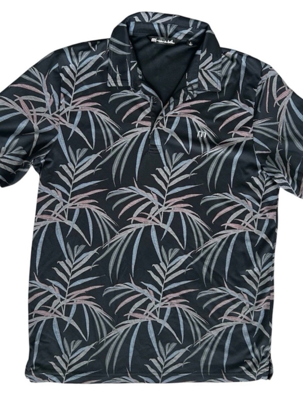 Travis Mathew Black Polo with Gray and Muted Pink Palm Print